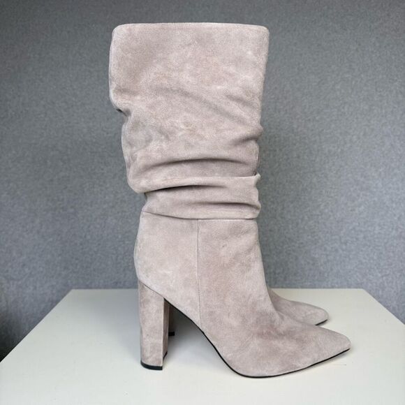 MARC FISHER Womens Beige Gomer Pointed Toe Block Heel Leather Slouch Boot 11M - Picture 1 of 13